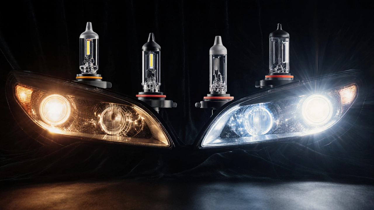 Четыре разных автомобильных лампы (галогенная, ксеноновая, LED, лазер) на темном фоне, каждая излучает свой свет.