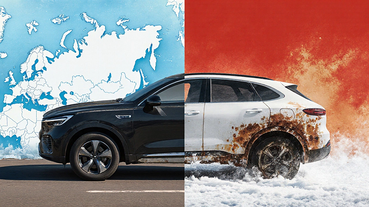 Две машины: одна с высоким пробегом и чистым днищем, другая с низким пробегом и ржавчиной.