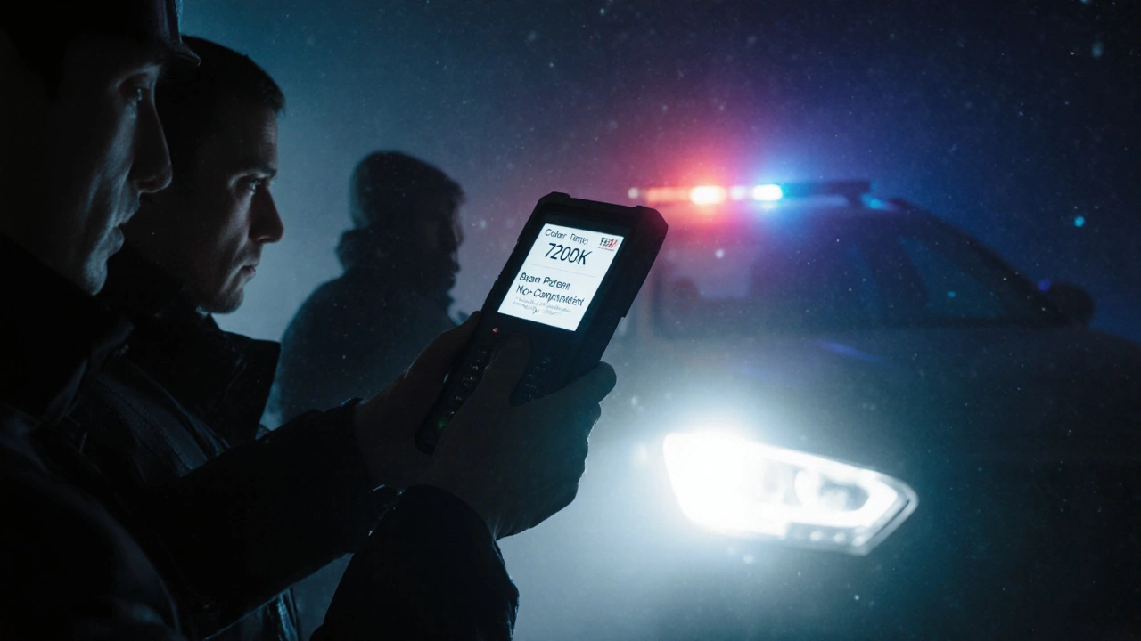 Инспектор ГИБДД проверяет фары автомобиля с помощью прибора, показывающего несоответствие стандартам.