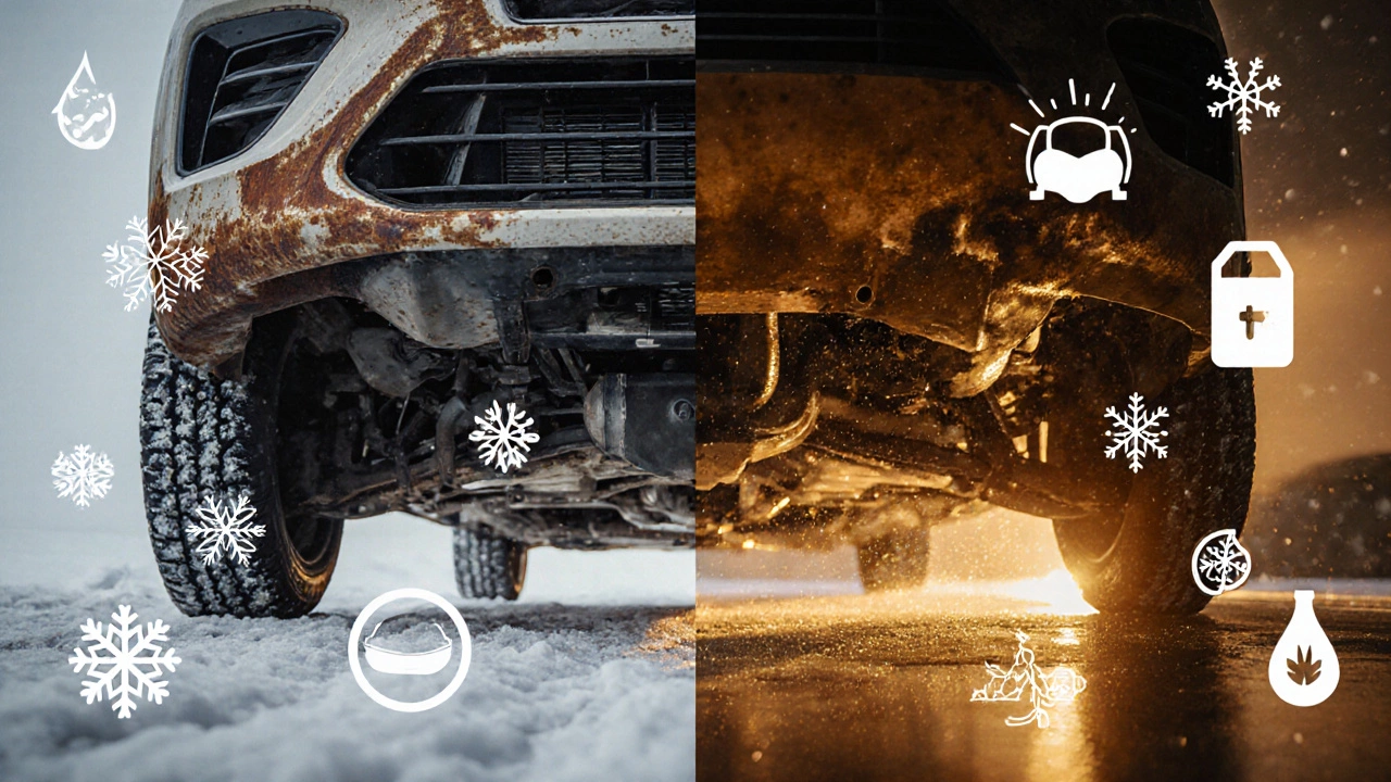 Концептуальное изображение днища автомобиля как скелета, покрытого ржавчиной, с защитным покрытием в золотом свете.