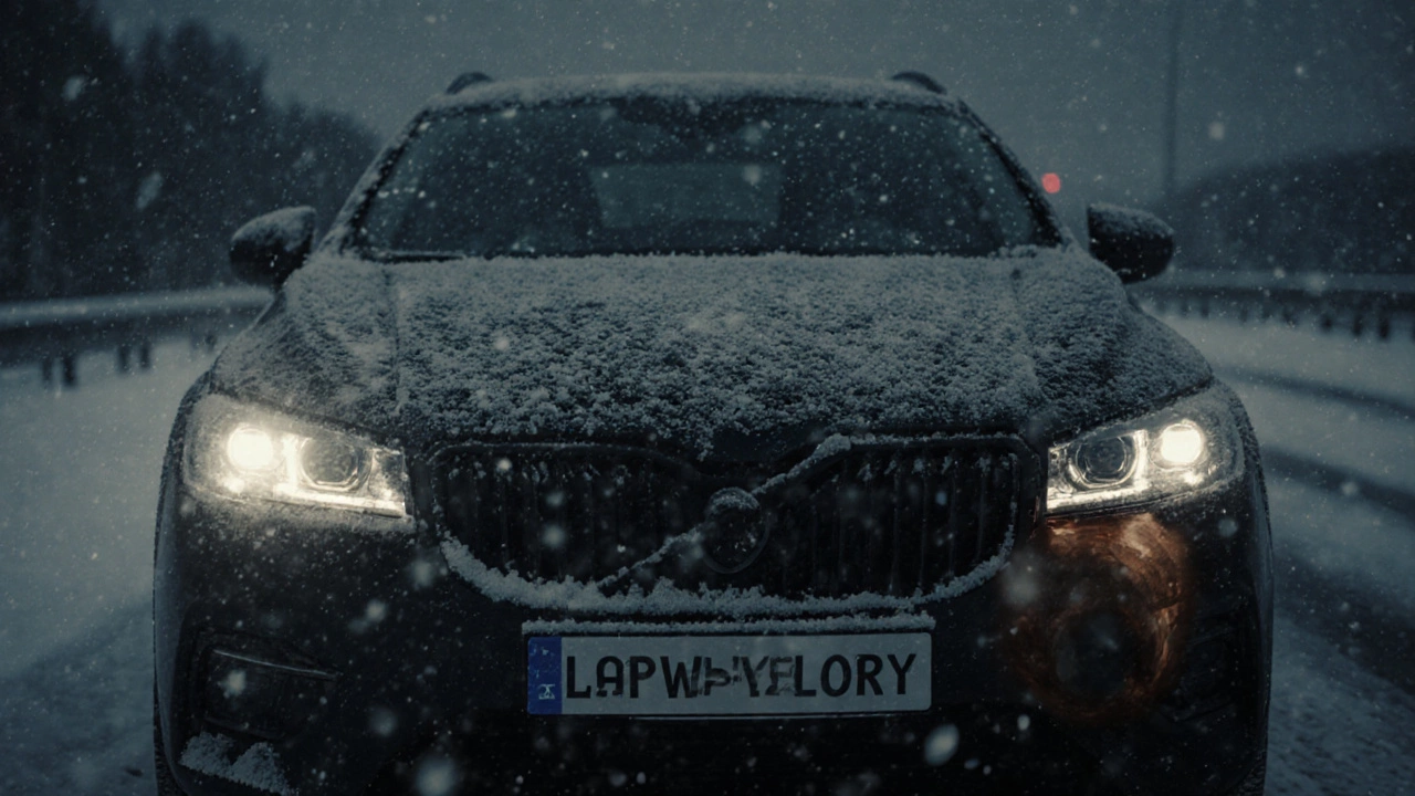 Машина на снежной дороге в мороз: одна фара светит стабильно, другая мигает и перегревается.