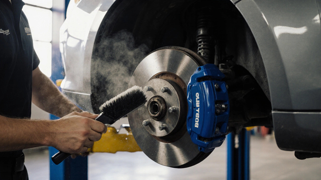 Механик чистит тормозной суппорт, демонстрируя обслуживание.