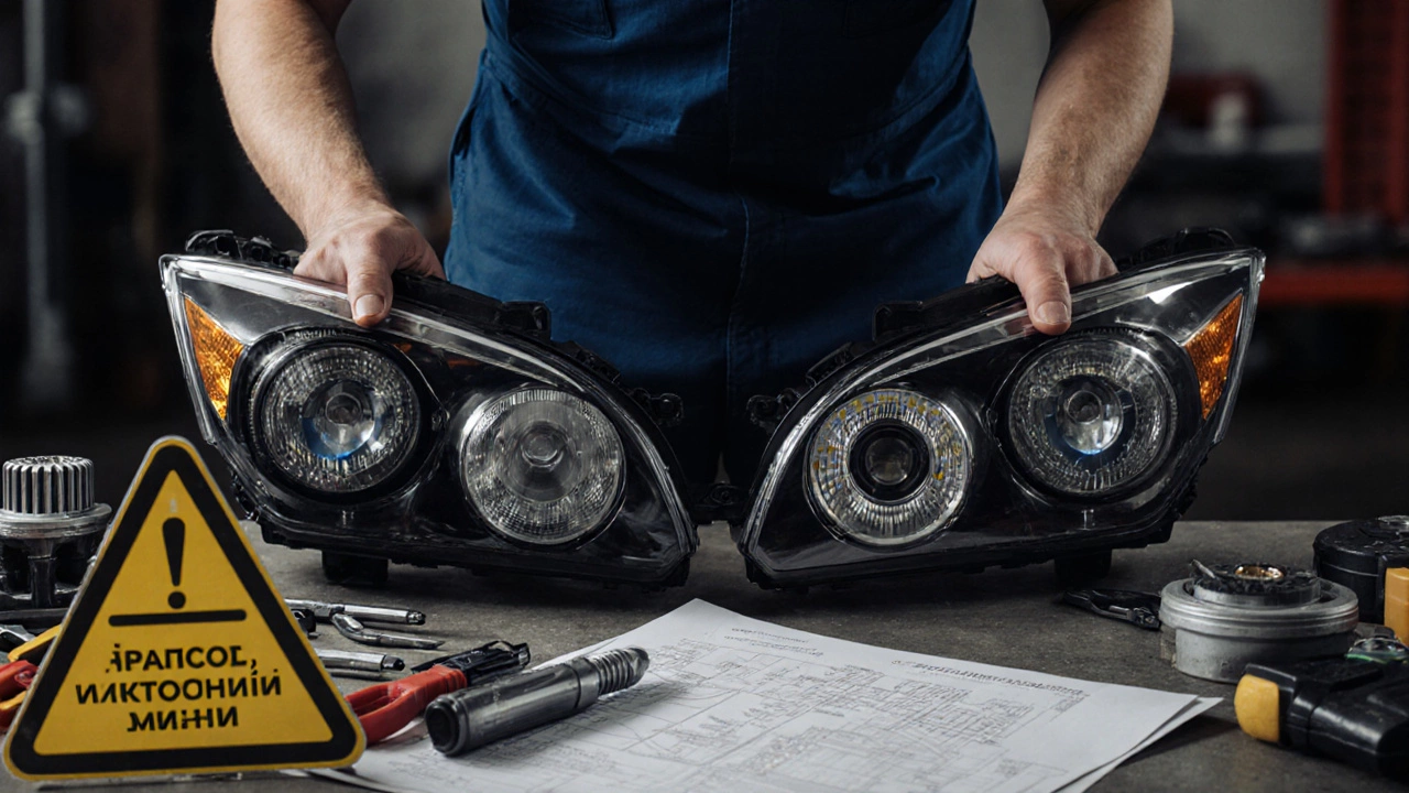 Механик сравнивает галогенную и светодиодную фары в гараже, рядом — инструменты и предупреждение о нарушении.