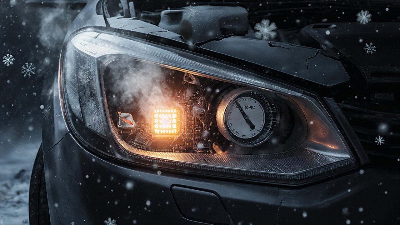 Разобранный автомобильный фонарь с перегревающимся светодиодом и остановившимся вентилятором в зимних условиях.