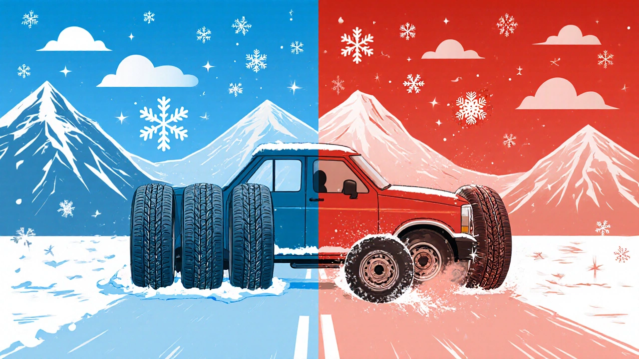 Сравнение безопасного и опасного вождения на зимних и летних шинах на ледяной дороге.