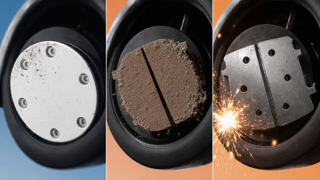 Сравнение керамических, полууорганических и металлических колодок рядом.