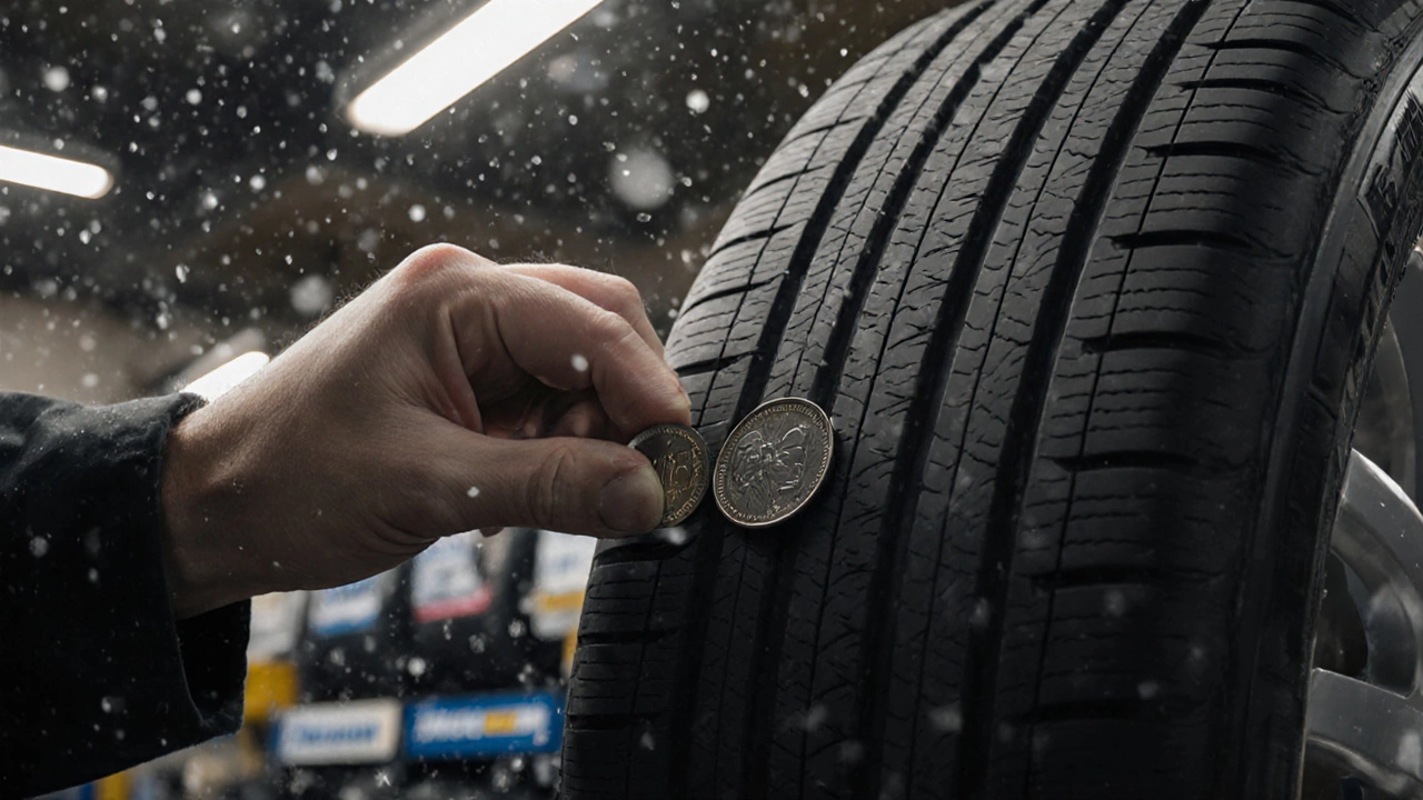 Техник проверяет глубину протектора зимней шины с помощью канадской монеты.
