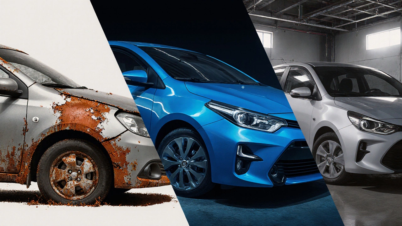 Три модели автомобилей: ржавый Renault Logan, умеренно ржавый Toyota Corolla, защищённый Hyundai Accent и Kia Rio.