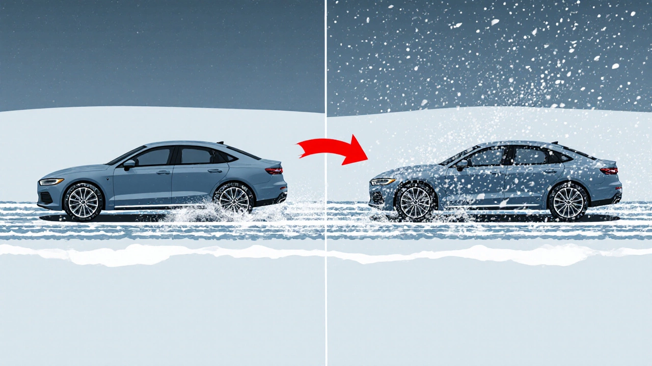 Автомобиль на льду: одна шина тормозит безопасно, другая скользит.