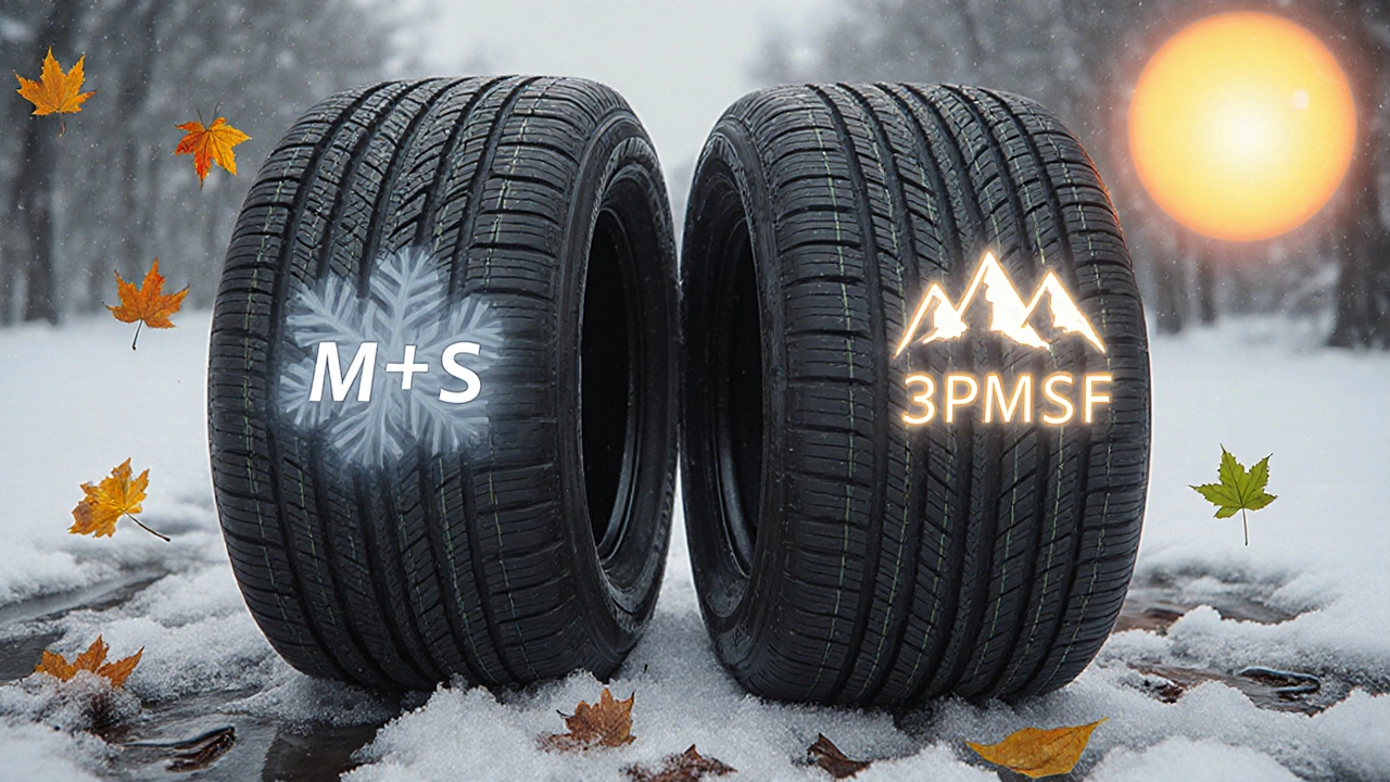 Две шины рядом: одна с M+S, другая с 3PMSF — символы сезона вокруг.