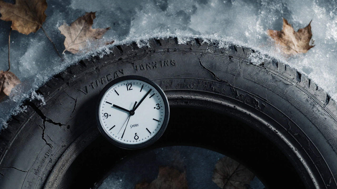 Изношенная шина с датой производства 1223 и признаками старения резины.