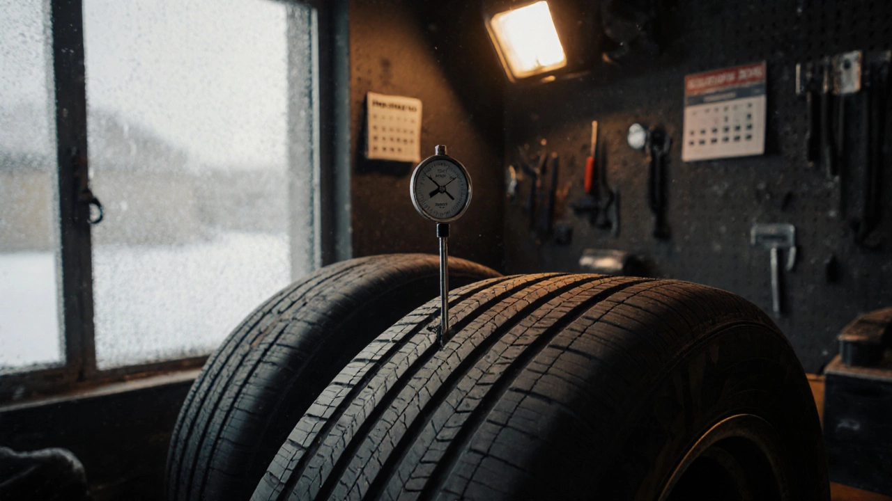 Механик измеряет глубину протектора всесезонной резины, на заднем плане — снег за окном.