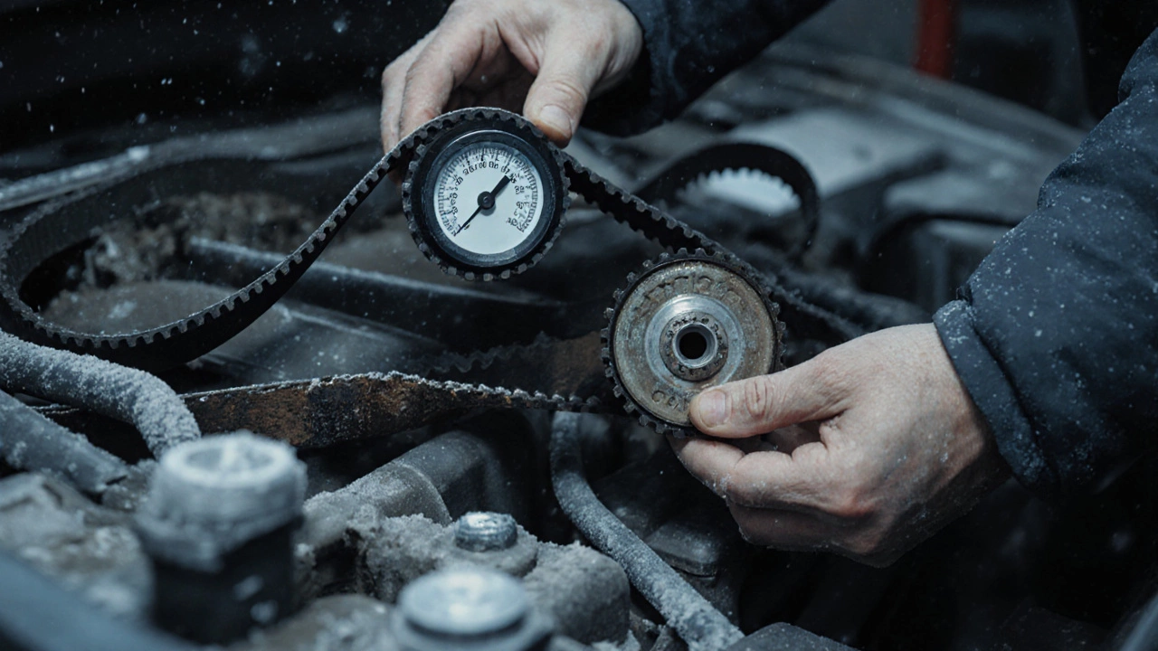Механик меняет ремень ГРМ в гараже при морозе -35°C, рядом лежат старый и новый ремни