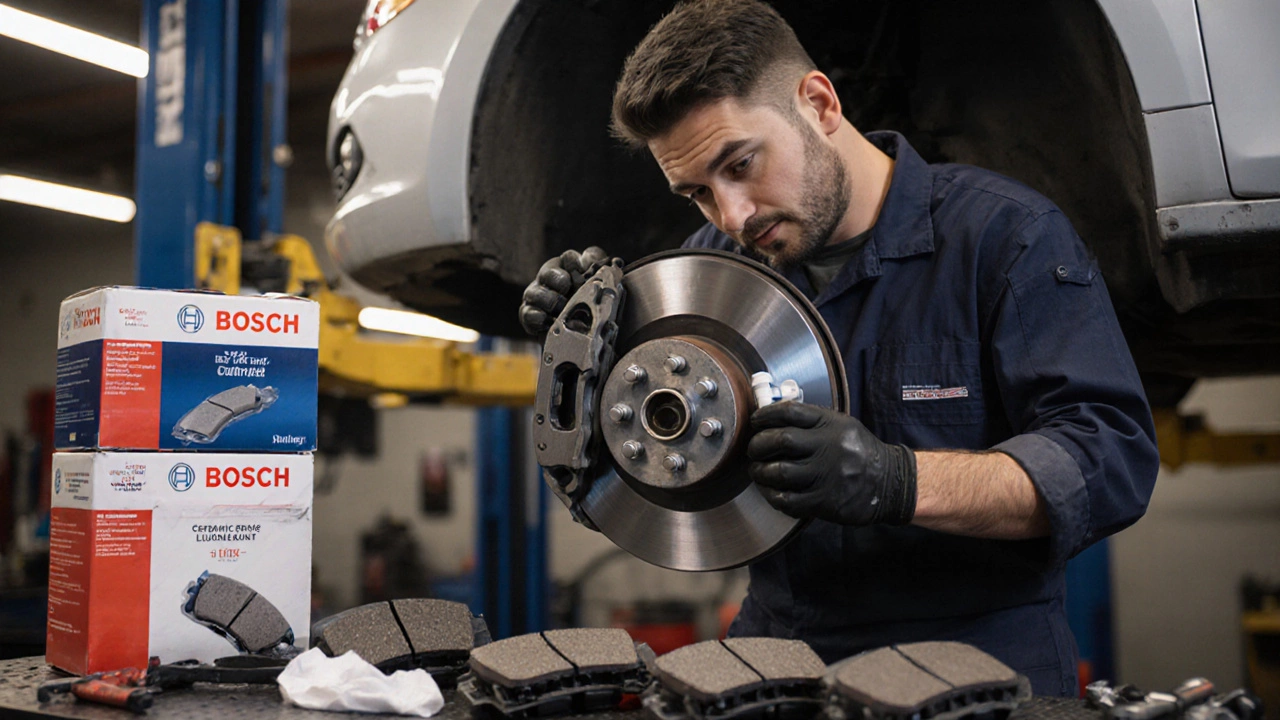 Механик наносит термостойкую смазку на тормозной суппорт в автосервисе с брендированными колодками на столе.