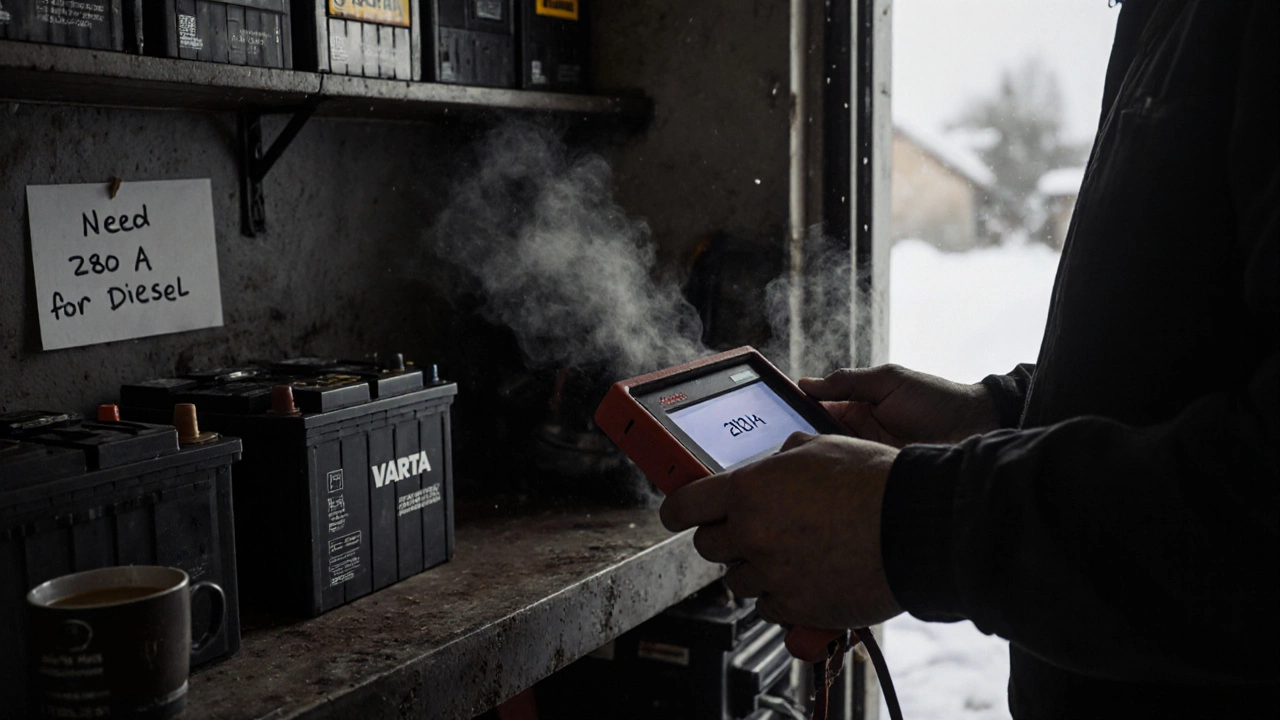 Механик проверяет пусковой ток аккумулятора в автосервисе при снежном окне