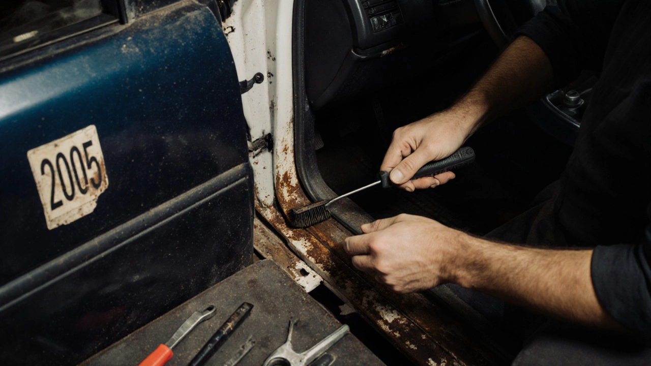 Механик зачищает ржавый порог автомобиля в гараже.