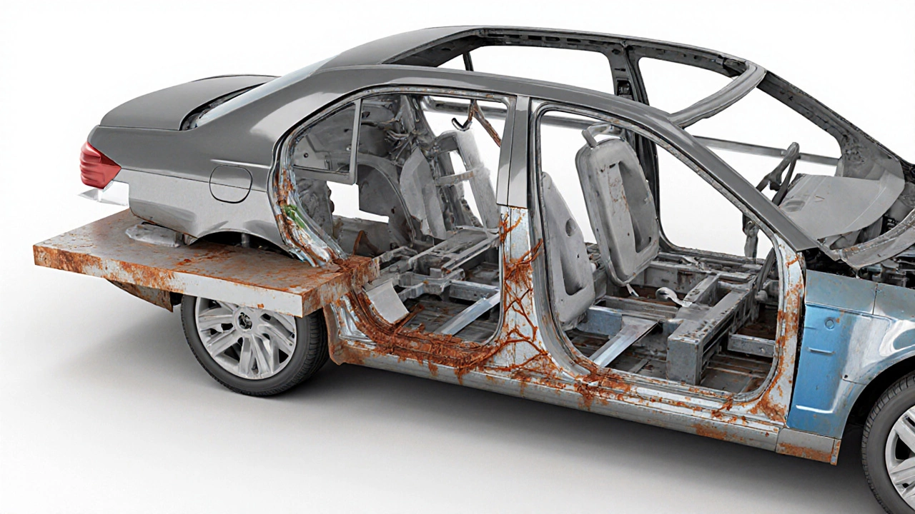 Прозрачная схема кузова: краска, тонкий металл и разрушающаяся коррозия.