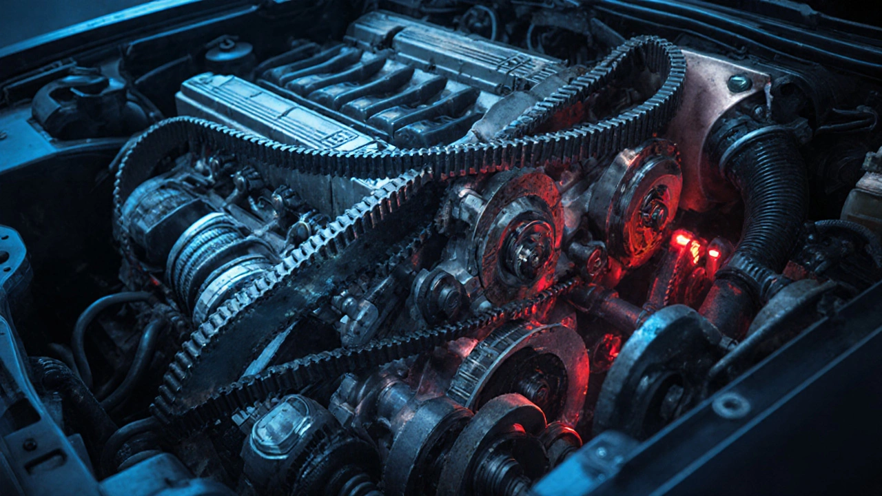 Прозрачный двигатель с точно выставленными метками ремня ГРМ и предупреждающими красными элементами.