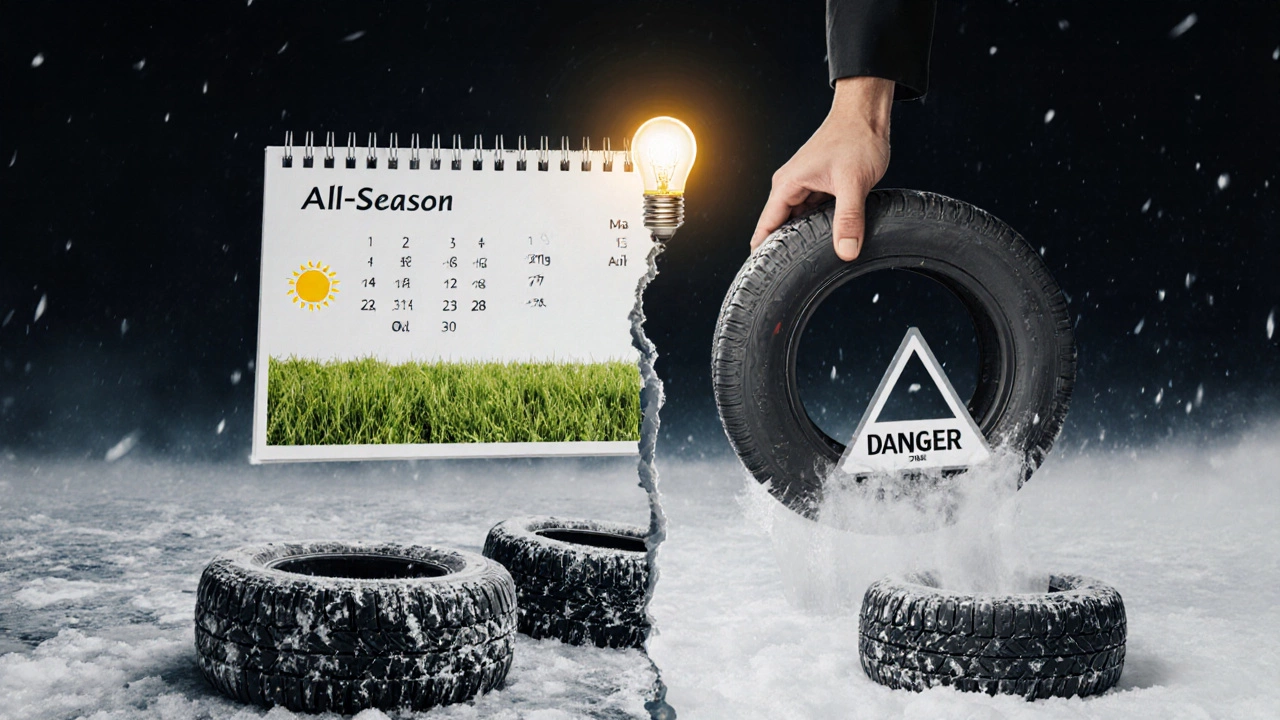 Разорванный календарь: лето и зима, зимняя шина с символом 3PMSF освещена теплым светом