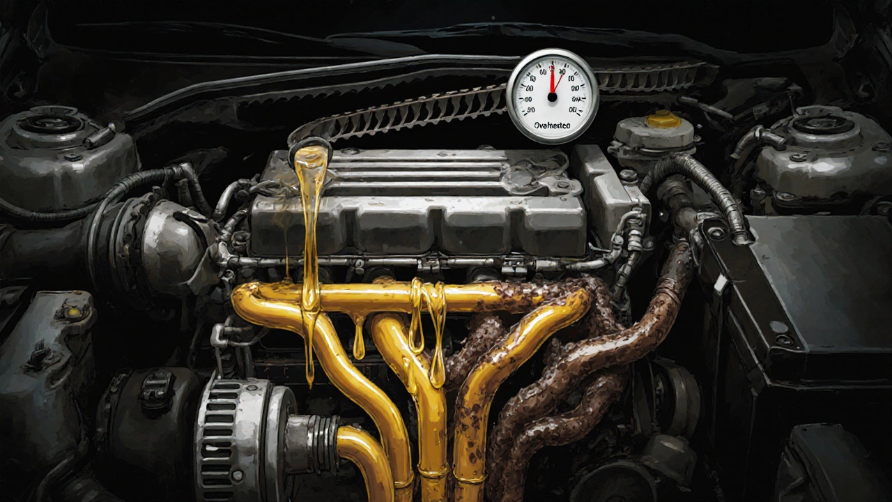 Разрез двигателя с чистыми и загрязнёнными масляными каналами, повреждённый ремень ГРМ.