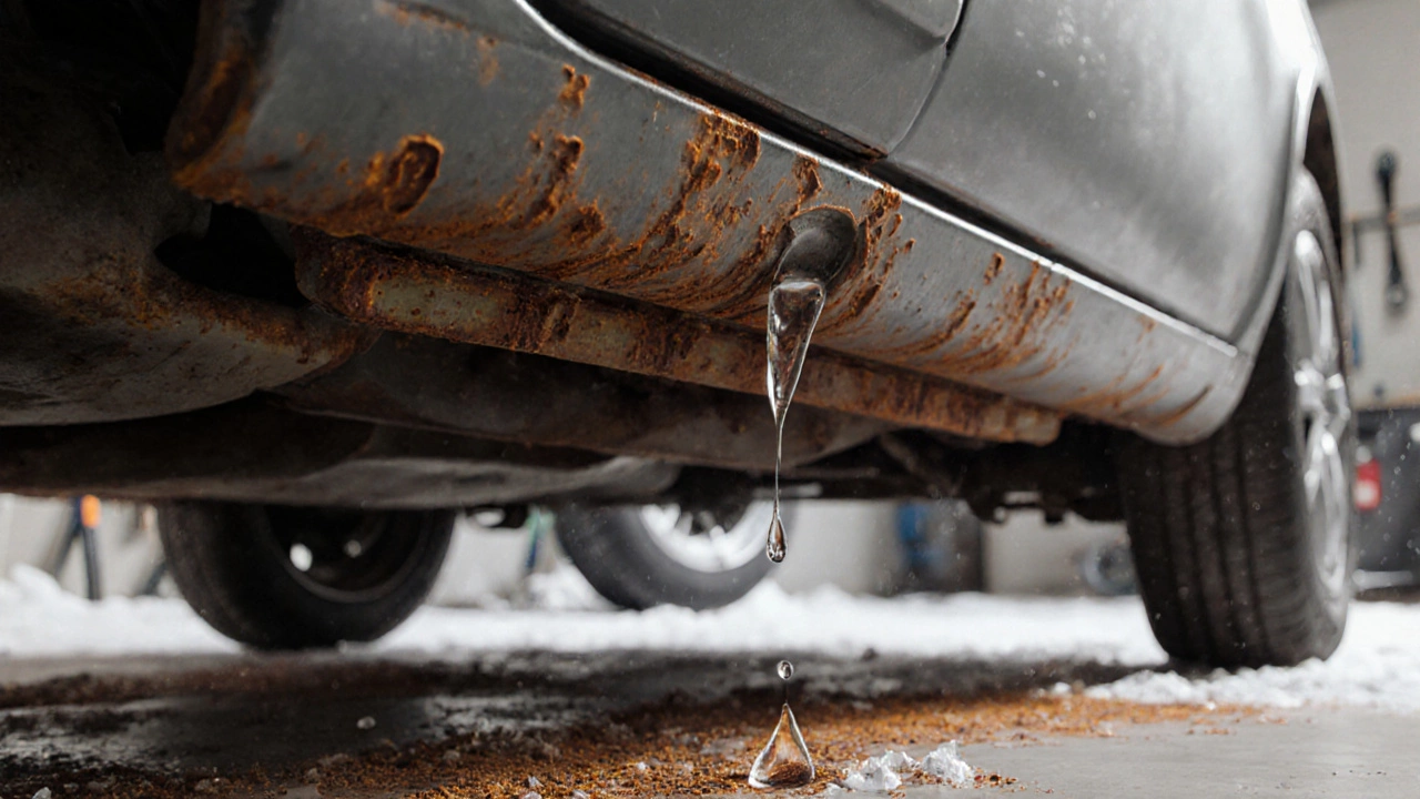 Разрез кузова автомобиля, показывающий распространение ржавчины под днищем и в арках колес.