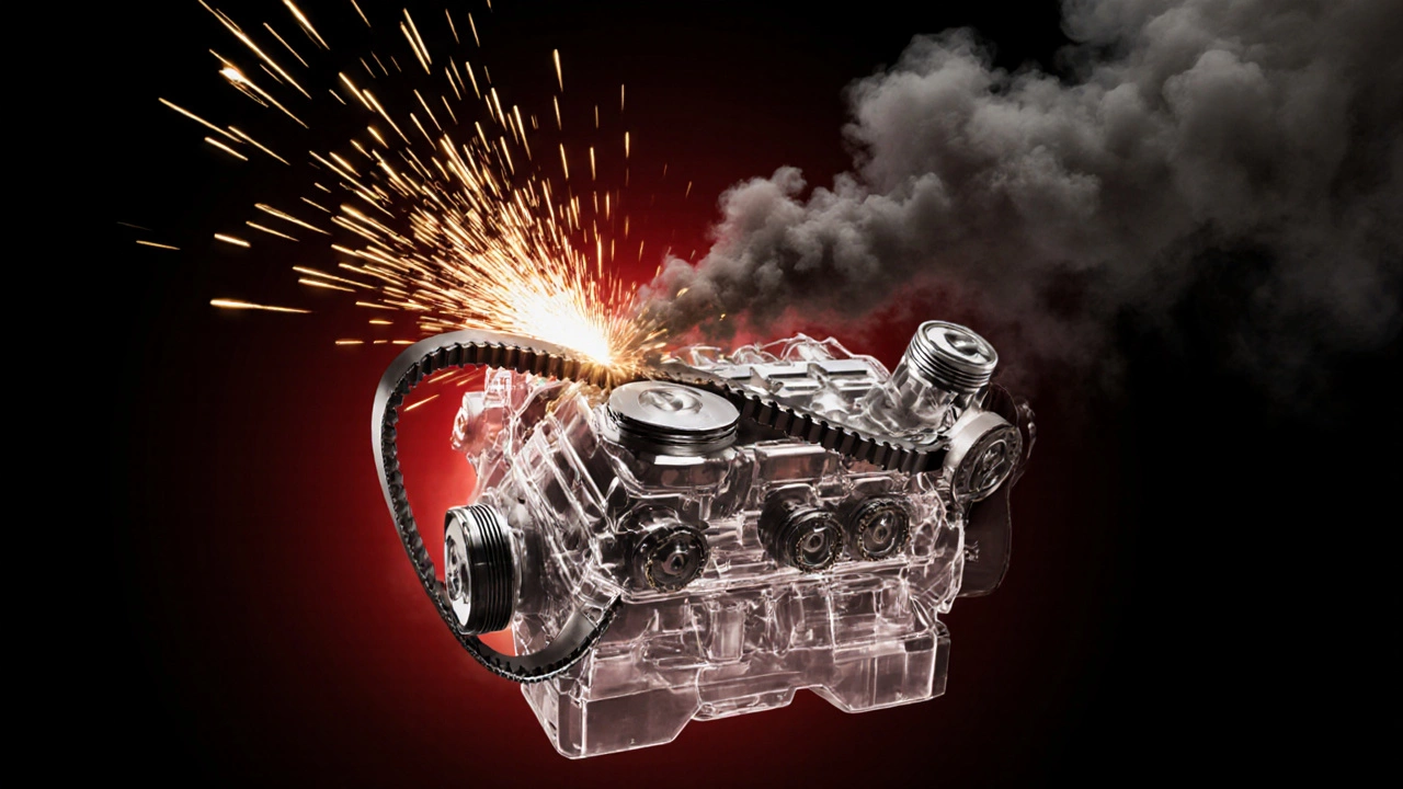 Разрыв ремня ГРМ внутри двигателя с повреждёнными клапанами и поршнями