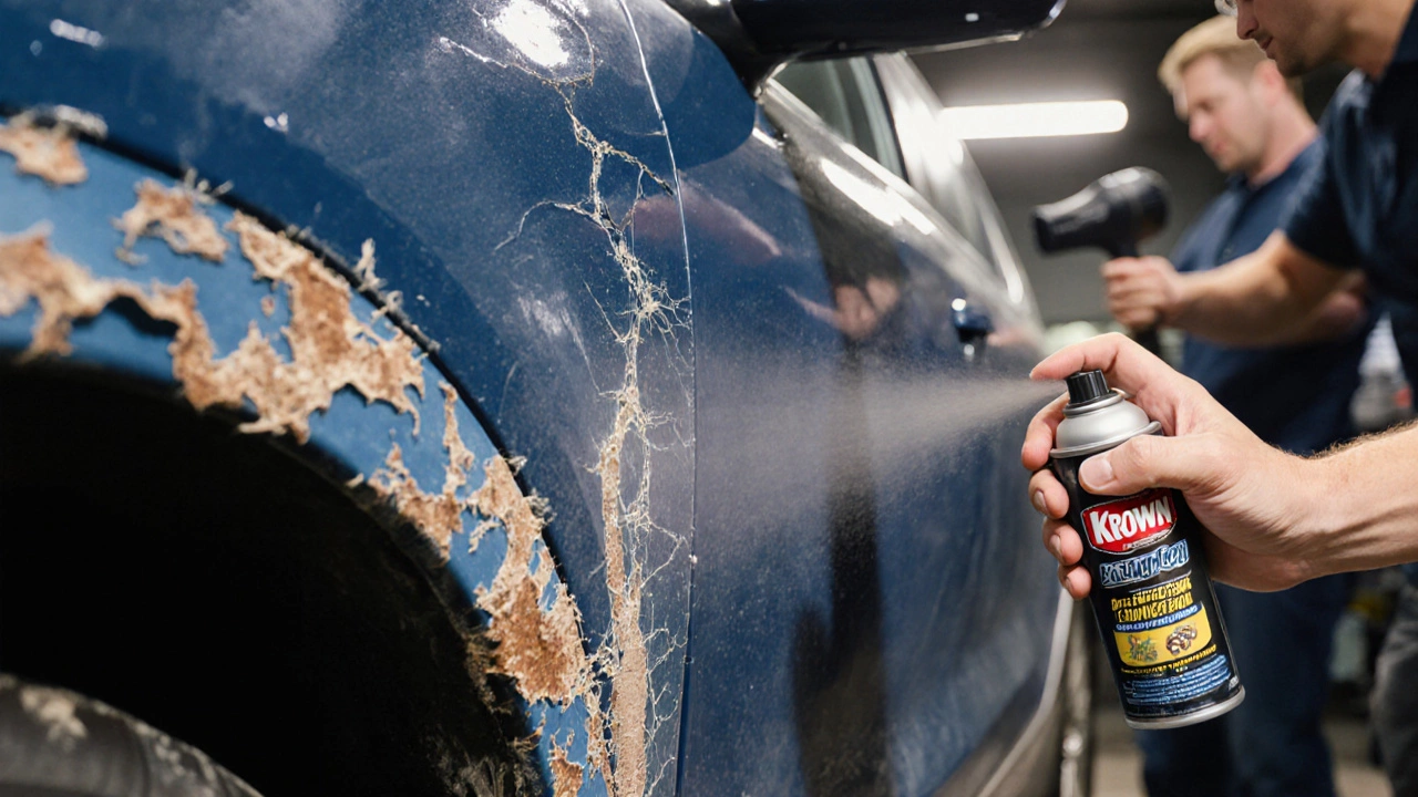 Рука наносит антикоррозийное покрытие на порог автомобиля после мойки.