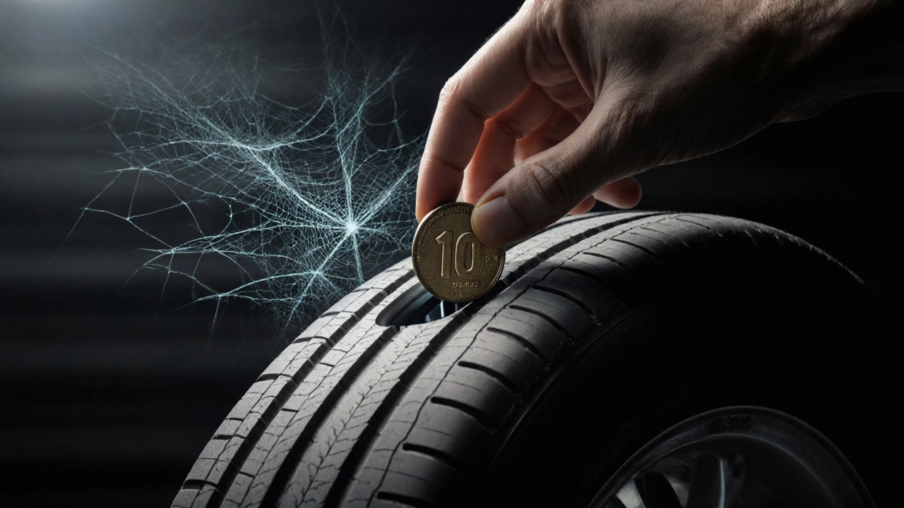 Руки держат монету в протекторе шины, а внутри видны микротрещины — скрытый признак износа, не видимый невооружённым глазом.