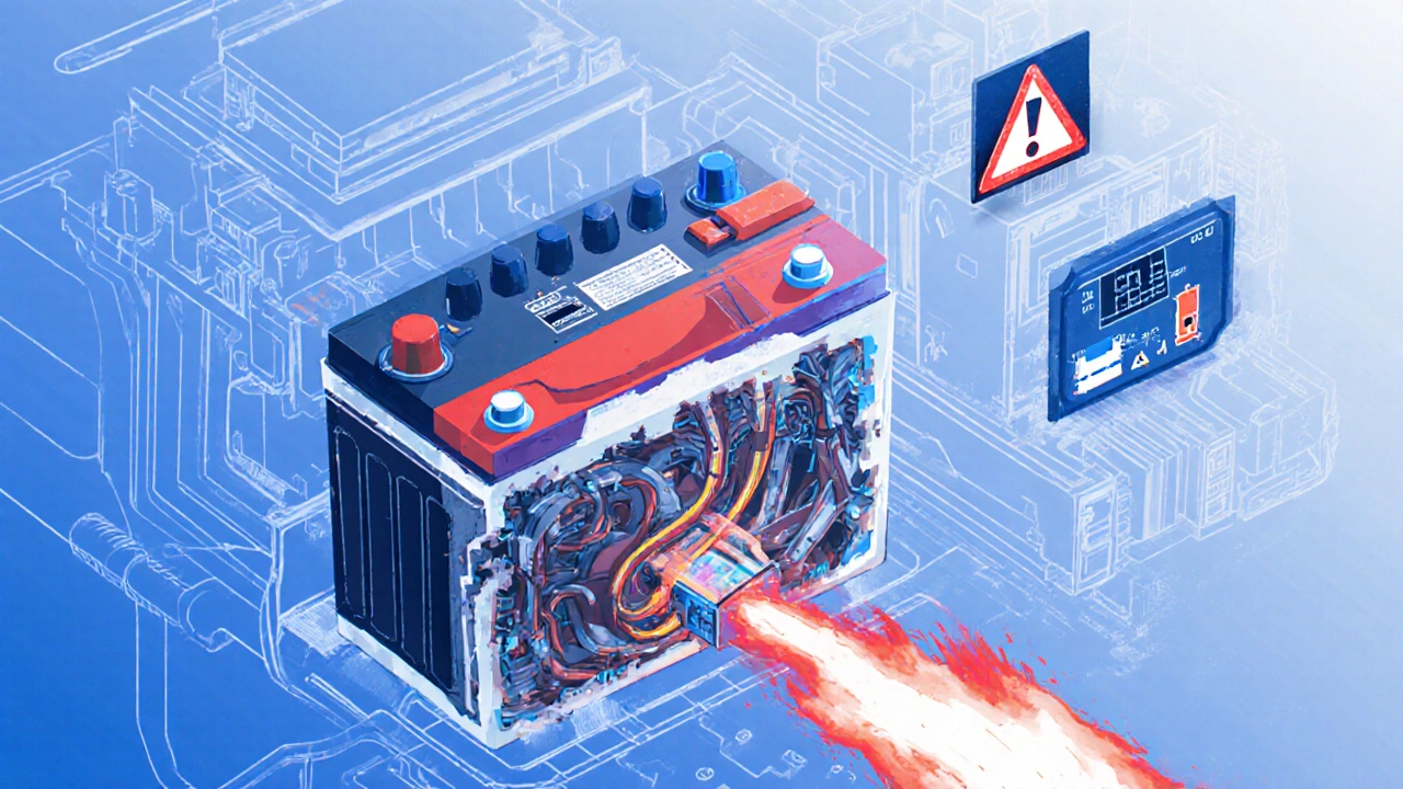Схема электропроводки: мощный аккумулятор вызывает перегрев тонких проводов и предупреждающие символы на блоке управления.