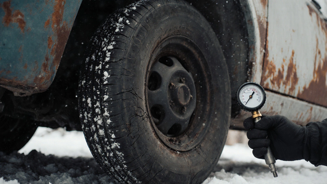 Шина с трещинами на боковине стоит на снегу, рядом — ржавые арки колес.