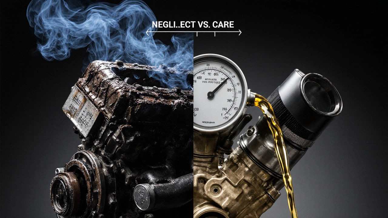 Сравнение изношенного и хорошо обслуживаемого двигателя: слева — грязь и дым, справа — чистота и масло в потоке.