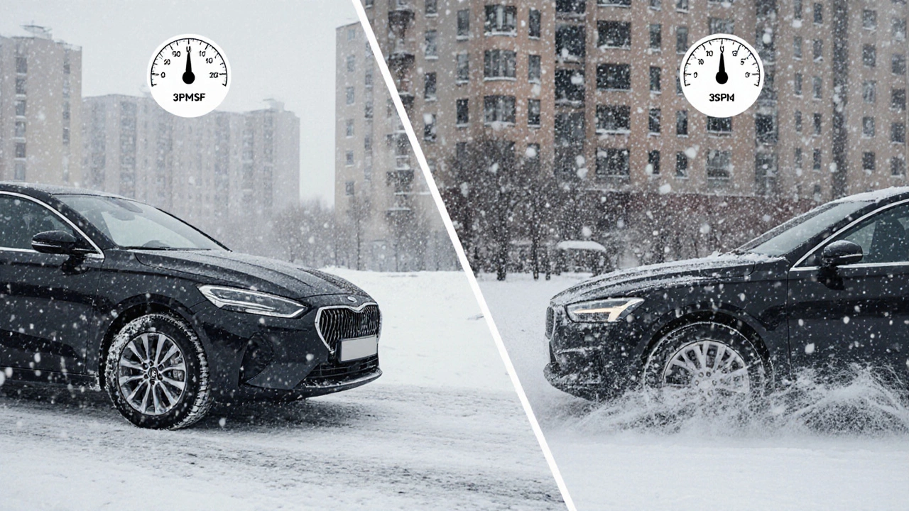 Сравнение: машина с зимними шинами останавливается безопасно, а с всесезонными — скользит по льду