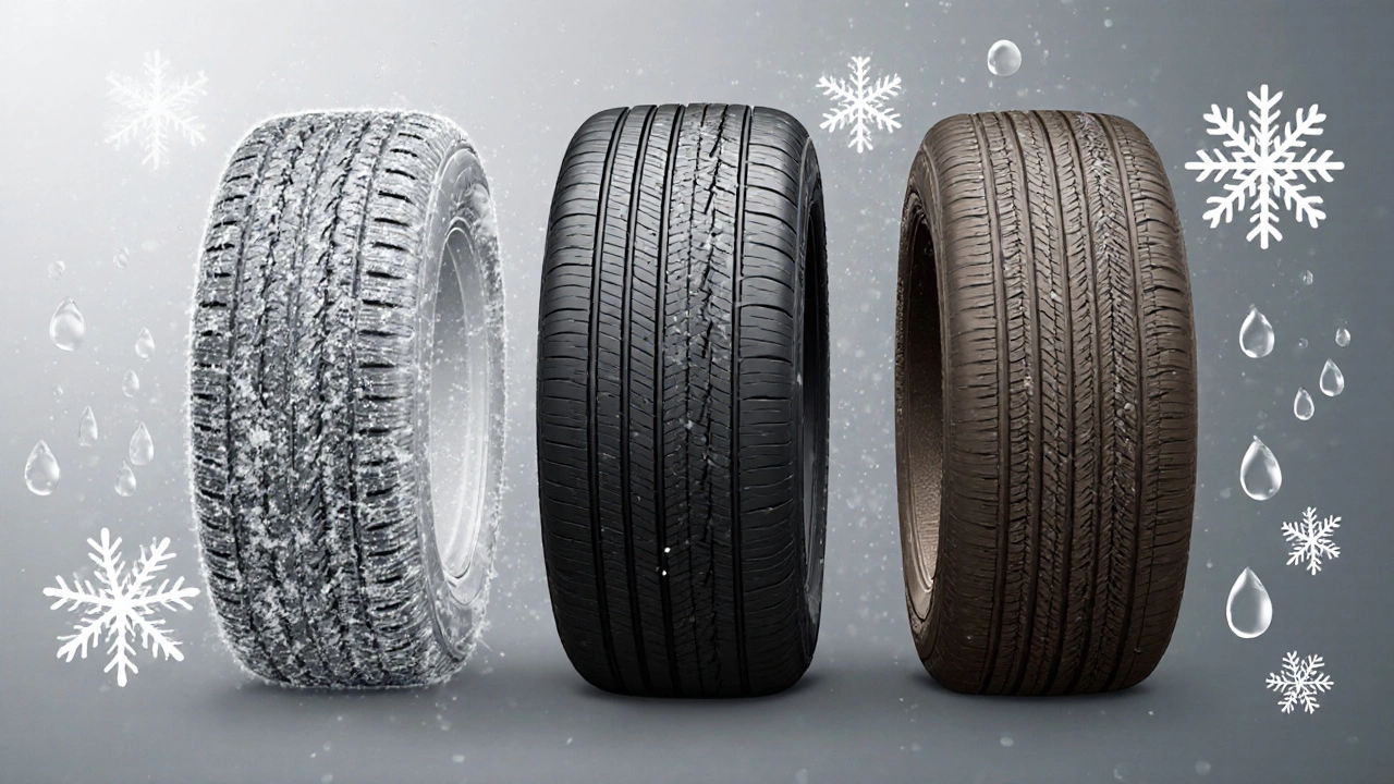 Сравнение протекторов: всесезонные, зимние и летние шины в одном изображении.