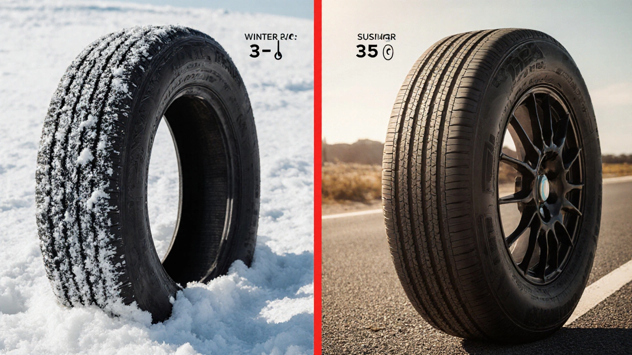 Сравнение зимней и всесезонной резины: одна в снегу, другая на асфальте, температурный диапазон.
