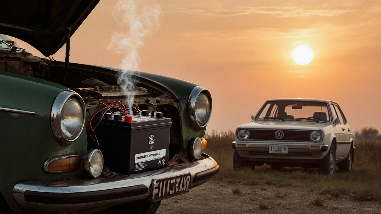 Устаревший автомобиль с перегруженным аккумулятором, который не помещается в отсек, в то время как современный — с идеально подобранным.