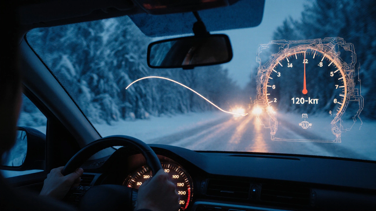Водитель плавно разгоняет машину зимой, на приборной панели медленно растёт температура.