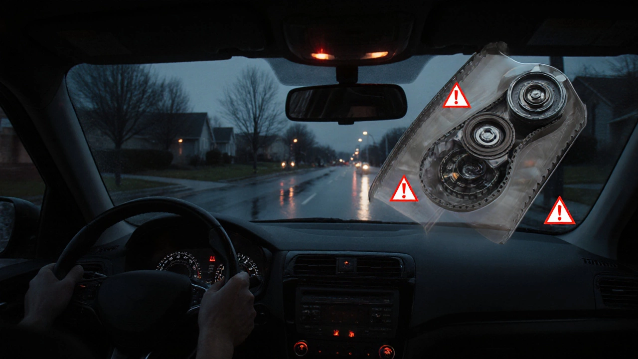 Водитель за рулем ночью, в прозрачном накладке — неисправный ремень ГРМ в двигателе.