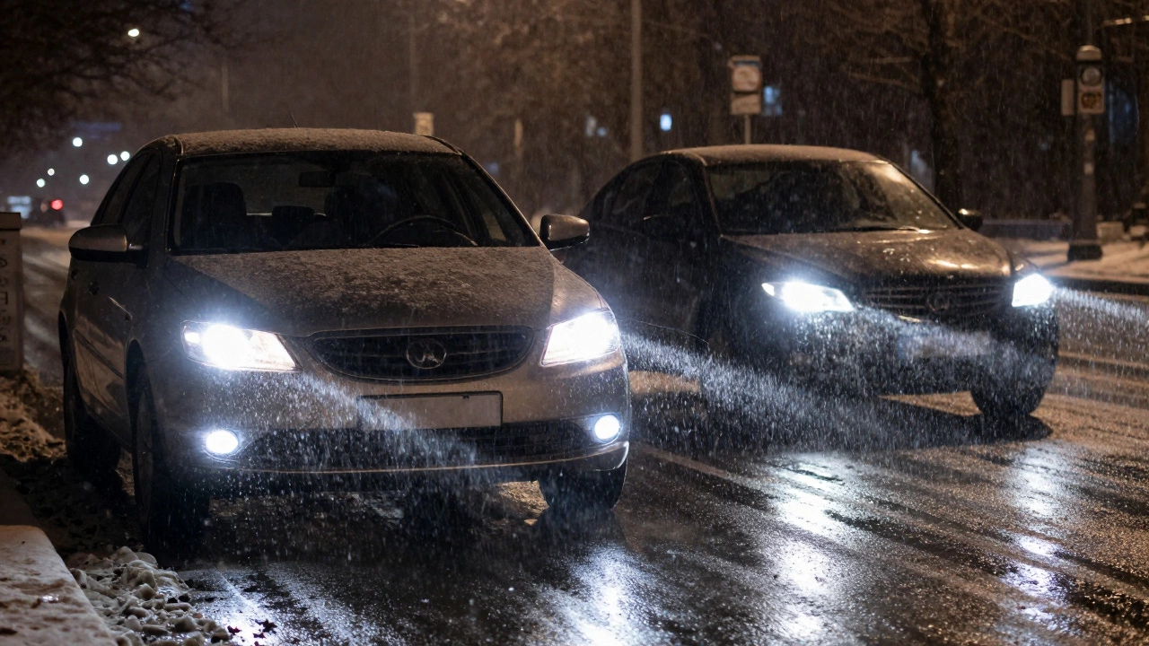 Автомобиль с настоящими светодиодными фарами едет через снегопад, освещая дорогу.