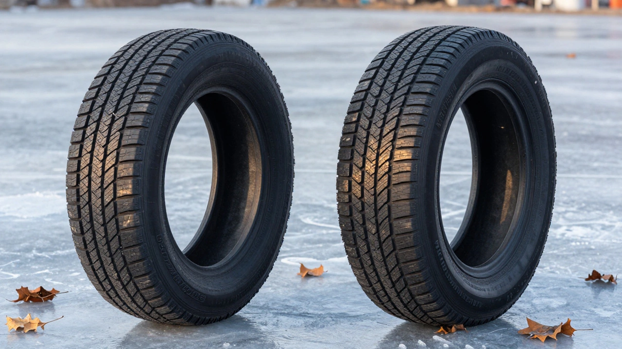 Две пары шин: дешёвые и Nokian Weatherproof с символом 3PMSF на льду.