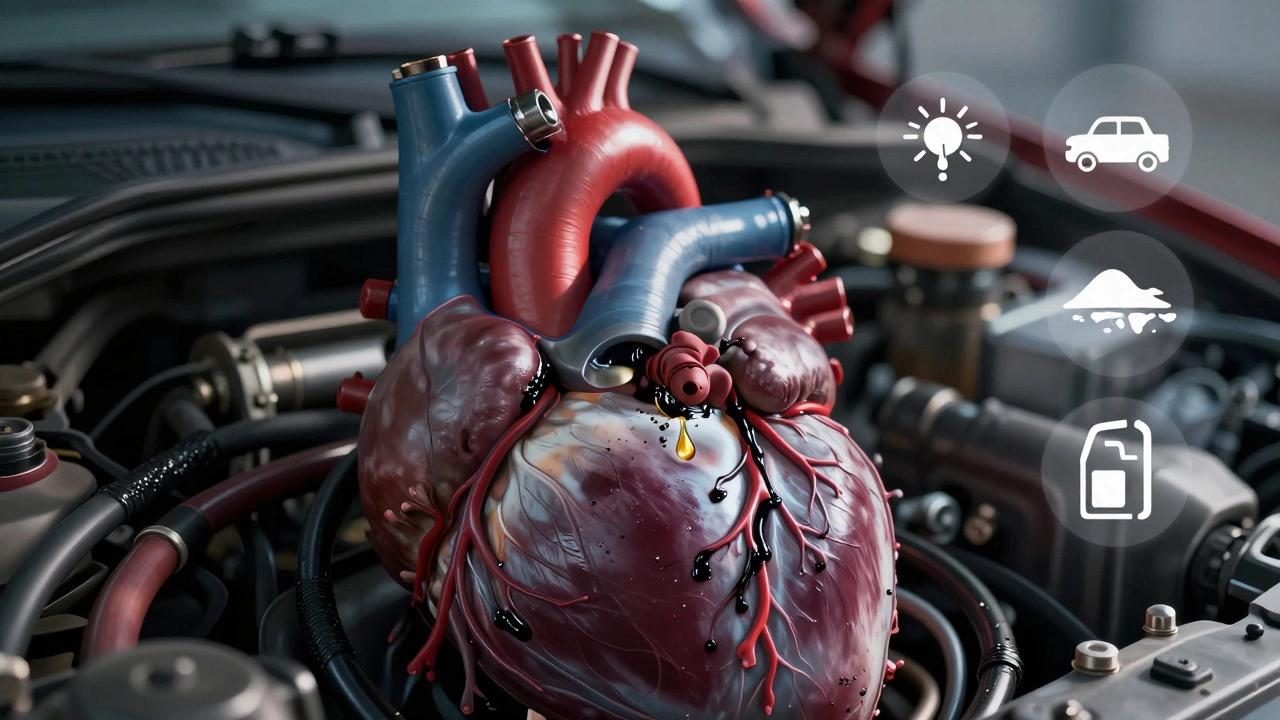 Двигатель как сердце, забитое грязью, одна капля чистого масла спасает систему, вокруг — символы зимы и плохого топлива.