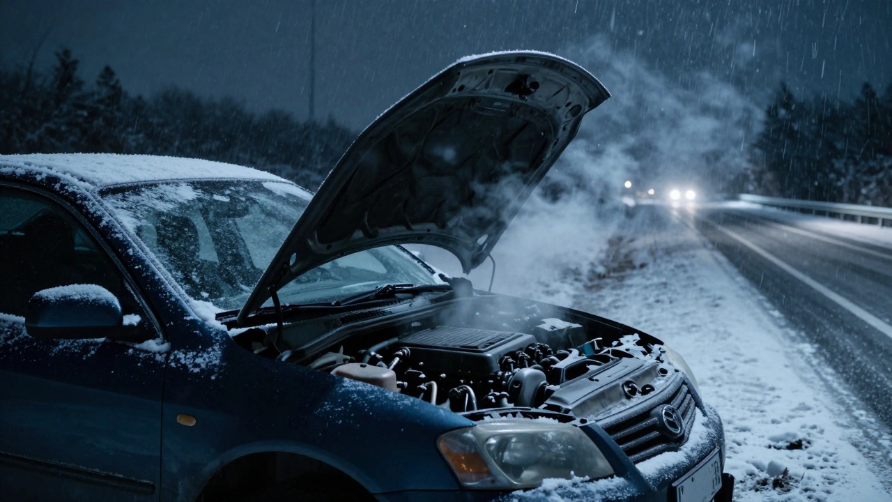Машина на снежной трассе ночью с открытым капотом и паром из перегретого двигателя.