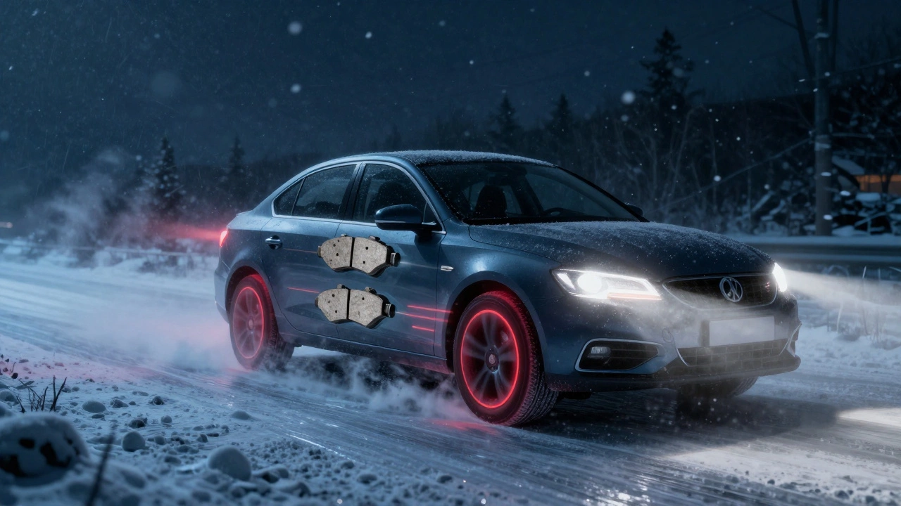 Машина тормозит на льду, изношенные колодки выделены красными линиями.