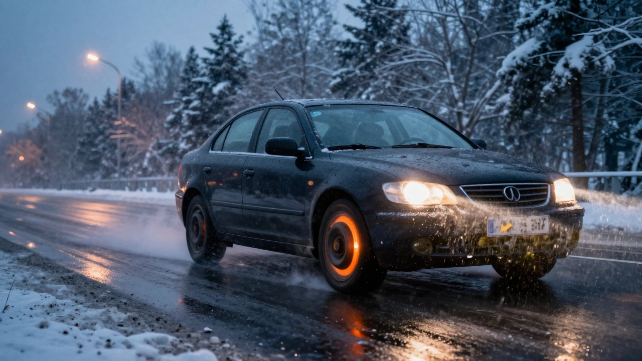 Машина тормозит на ледяной дороге зимой, диск светится от перегрева, снег падает.