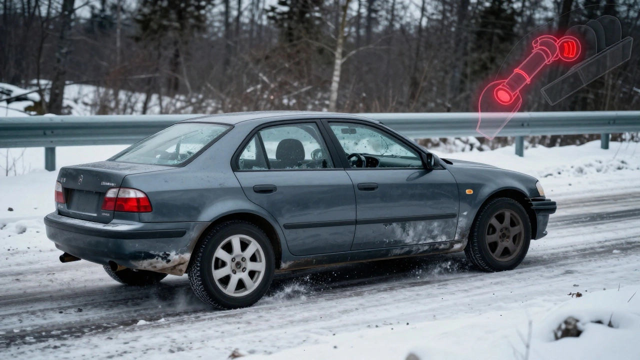 Машина в заносе на снегу, с поврежденным барьером и скрытыми отключенными системами безопасности.