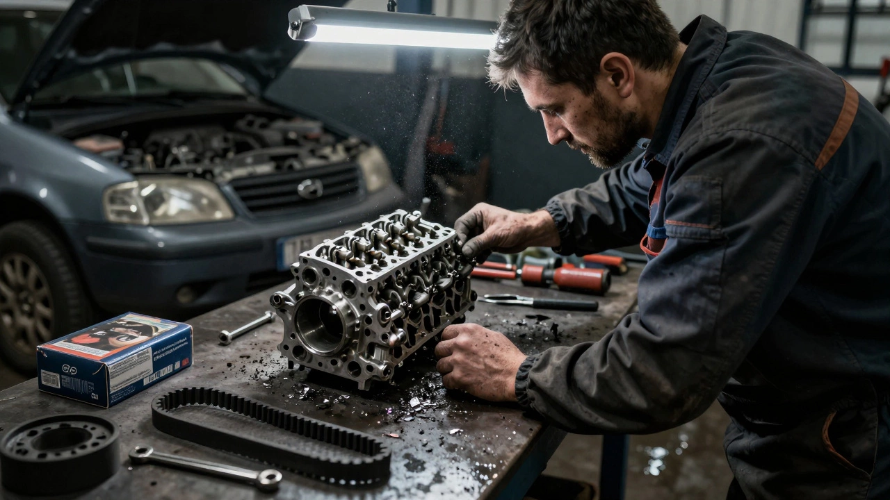 Механик осматривает поврежденную головку блока с погнутыми клапанами и металлической стружкой на рабочем столе.