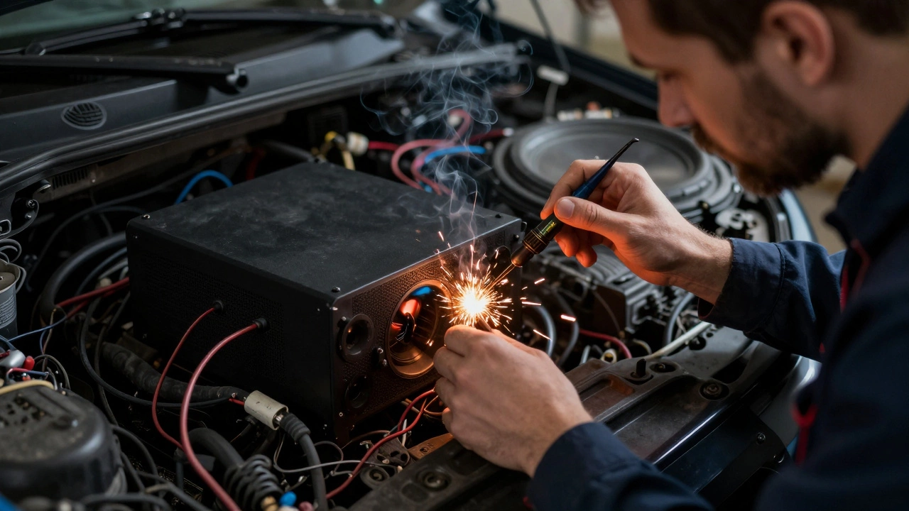 Механик в гараже паяет провода аудиосистемы в штатную проводку, виден дым и расплавленная изоляция.