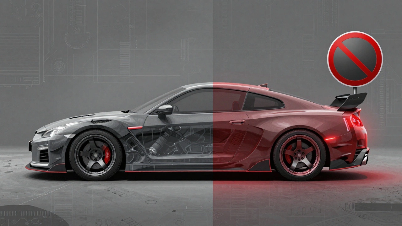 Прозрачная машина с разделением на легальные и нелегальные тюнинг-изменения, символизирующая закон и нарушение.