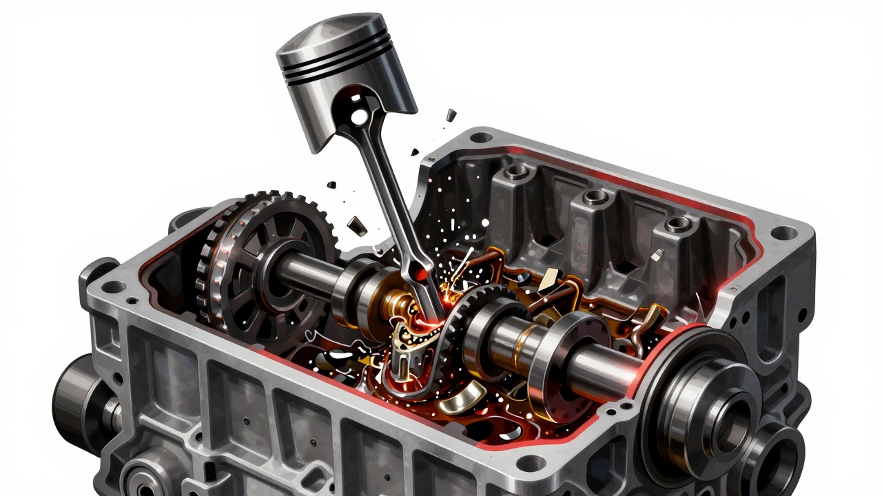 Разрез двигателя: поршень ударяет по погнутому клапану, металлические осколки разлетаются, масляная стружка разбрызгивается.