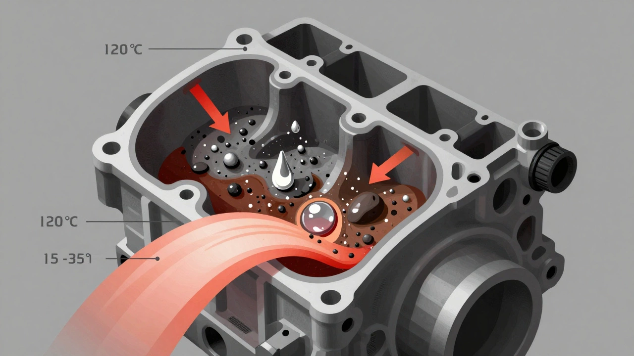 Разрез двигателя с загрязненным маслом, частицы металла и влага, превращающие смазку в абразивную пасту.