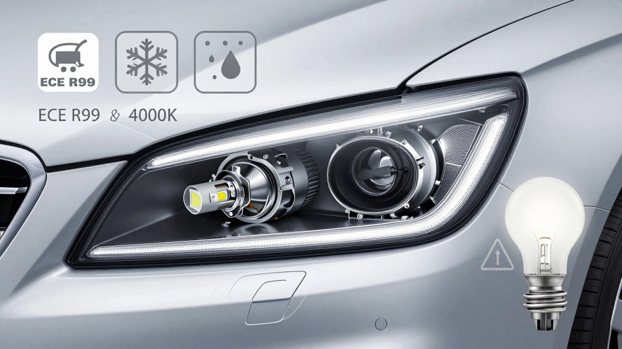 Разрез фары с сертифицированными лампами 4000К, показывающий точную границу света и систему охлаждения.